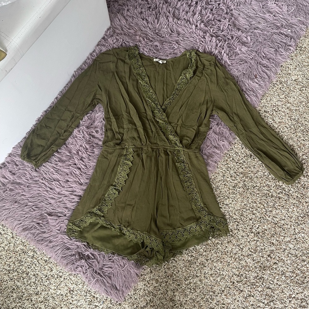 Charlotte Russe Olive Green Lace Trim Romper